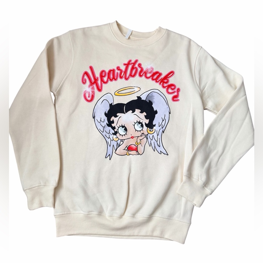 BETTY BOOP Heartbreaker Pullover Crew Neck Sweater Butter Yellow Size Small NEW